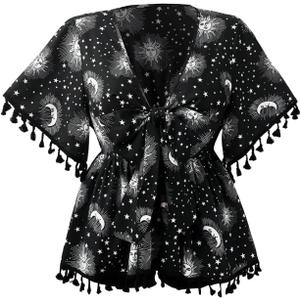 Women's Plus Size Boho Graphic Blouse Shirt Bow Tie Knot Half Sleeve Ruffle Hippie Peplum Tops, XXLarge Plus