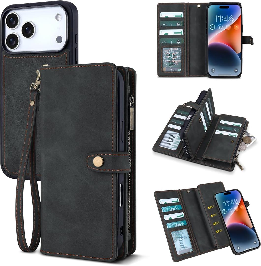 TwoHead Wallet Case Compatible with iPhone 17 Pro Max,Detachable,Magnetic,11 Cards Holder, PU Leather All-Round Protective Phone Case with Change Pocket (6.9 in,Black)