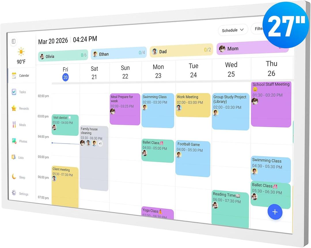 Digital Calendar  27 Inch Electronic Wall Calendar & Chore Chart, Smart Family Organizer with Interactive Touchscreen Display, Wall Mount in Portrait or Landscape (White)