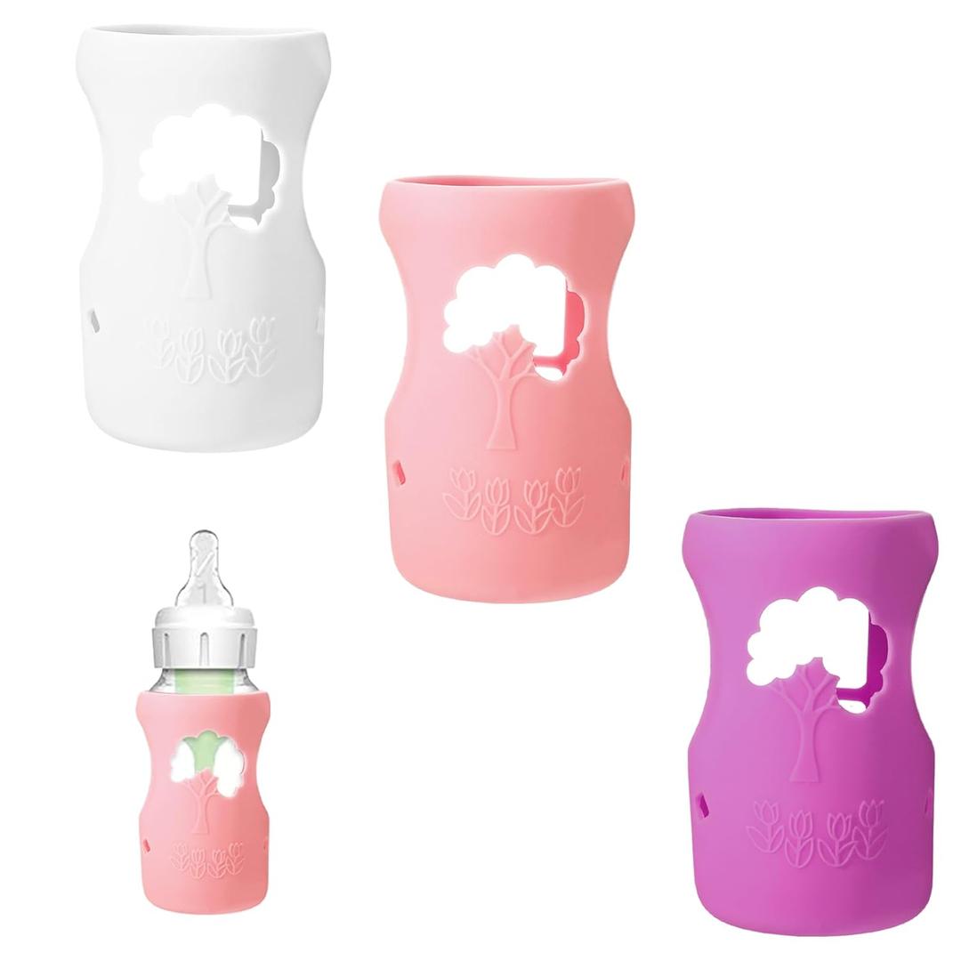 3 Pack Silicone Sleeve for Dr. Brown Wide-Neck Bottle 9 oz, Anti Breakage Bottle Holder for Baby with Tree-Shaped Cutout Design-BPA Free(White+Pink+Purple)