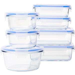 Amazon Basics Leak-Proof Glass Locking Lids Food Storage Containers, 14-Piece Set, 7 Count of Bases and 7 Plastic Lids, Clear, Blue, BPA Free