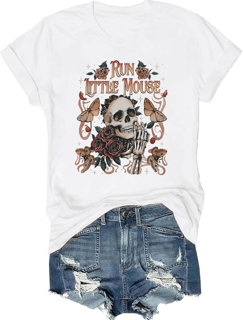 Skeleton Shirt Women Halloween Skeleton T-Shirt Skull Graphic Tees Casual Fall Short Sleeve Funny Casual Athletic Tops (Small)