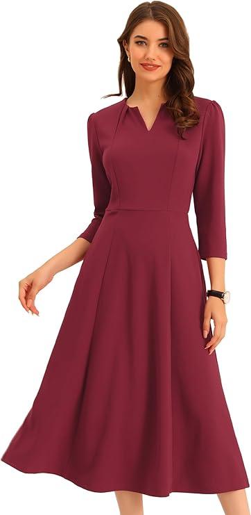 Allegra K Women's 3/4 Sleeve Dresses V Neck Elegant A-Line Work Business Formal Midi Dress with Pockets, XL