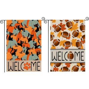 2 x 2Pcs Fall Garden Flag 12x18 Inch Double Sided Outside, Welcome Autumn Black Cat Football Pumpkin Seasonal Yard Outdoor Flag Decor, Set of 2