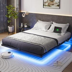 Queen Size Floating Bed Frame with USB Charging Station and LED Lights, Modern Metal Platform Bed Frame with Mattress Slide Stopper, Noise Free No Box Spring Needed and Easy Assembly