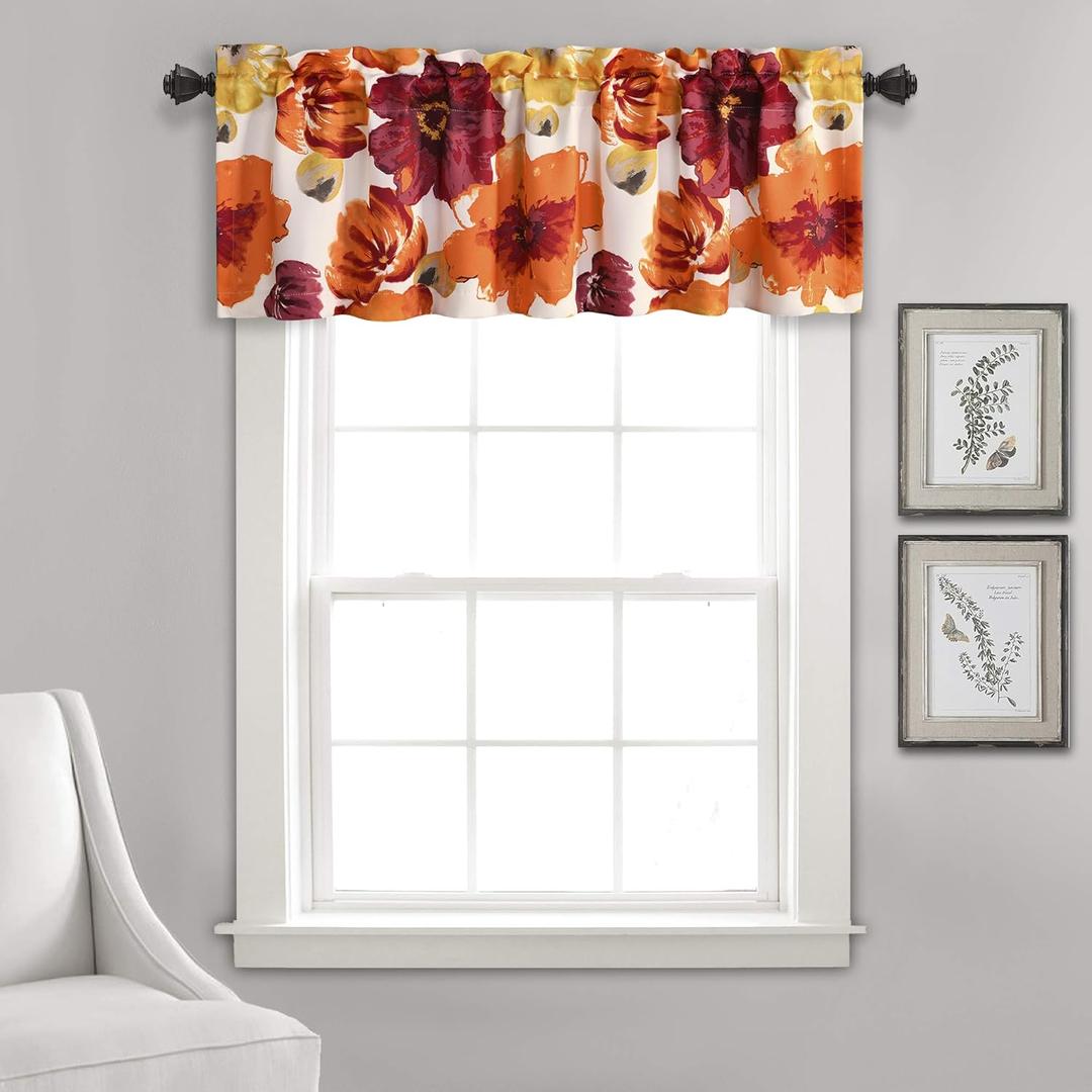 Lush Decor Leah Floral Light Filtering Valance, 52" W x 18" L, Red & Orange - Valances for Windows - Parisian Decor - Farmhouse Kitchen Curtains Valance