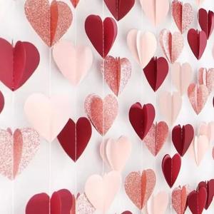 4Pcs Heart Garland, 52FT Valentines Day Garland, Rose-Gold Pink Burgundy-Red Heart Paper Streamers Banner for Valentine's Day Mothers Day Engagement Wedding Birthday Party Hanging Decorations (Red)