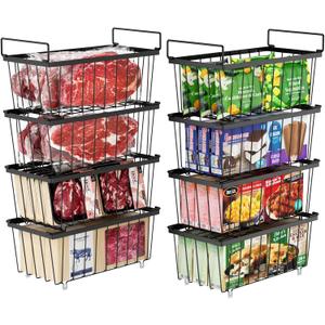 iSPECLE Freezer Organizer Bins - 8 Pack Small Stackable Deep Freezer Organizer Bins for 7 Cu.Ft Freezers Easy Get Bottom Foods without Digging, Chest Freezer Organizer Prevent Frozen Food Waste, Black