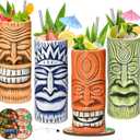 Tiki Mugs Set of 4 - Ceramic Tiki Glass Cocktail Cups, unique Cocktail Glasses, Bar Professional Hawaiian Mug and Halloween Christmas Party Barware