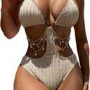 OYOANGLE Women's Ring Linked Cut Out One Piece Swimsuits Textured Tie Backless Halter Bathing Suit Monokini (Medium, Khaki)