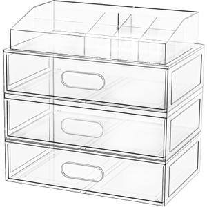 Clear Stackable Makeup Organizer with Drawer, 12''W Acrylic Storage Drawers, Cosmetic Display Case for Vanity Bathroom Countertop, Beauty Holder for Lipstick Brush Skincare Perfume (4 Pack)
