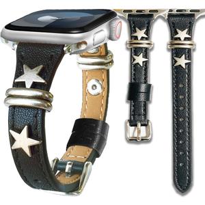 Leather slim Brown Black Star Band Compatible Apple Watch Women 38mm 40mm 41mm 44mm 42mm 46mm 45mm 49mm.Jullstar Starlight Metal Charms Dressy Strap for iphone Watch Series Ultra SE 10 9 8 7 6 5 4 3 2 1