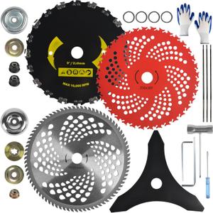 9"x36 Teeth Carbide Tipped Blades & 9"x20T Carbon Steel Round Chainsaw Tooth Brush Blades & 10"x80T Carbide Tip Brush Blades & 10"x3T Cutter Weed Eater Blades with Adapter Kit for Trimmer, Weed Eater