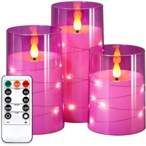 NURADA Flickering Flameless Candles: Built-in Star String Lights 3D Wick Acrylic Battery Operated LED Pillar Candles with Remote and Timer for Table Wedding Centerpieces Party 3 Pack Purple (4-5-6 inches)