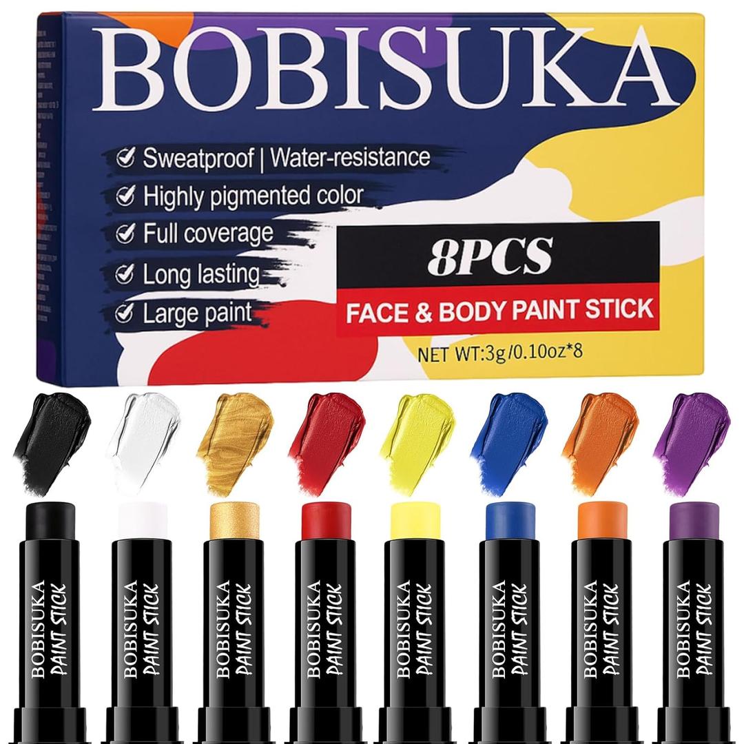 8PCS Face Body Paint Stick, Oil Based Face Painting Kit for Halloween Clown Monster Skull Vampire Costume Cosplay Makeup, Sports Eye Black for Football, Baseball, Softball