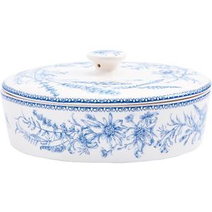 Bico Blue Garden Toile De Jouy Ceramic Tortilla Warmer, 8.9 Inch Tortilla Holder with Lid for Taco Bread Pancake for Mexican Night and Party, Microwave and Dishwasher Safe