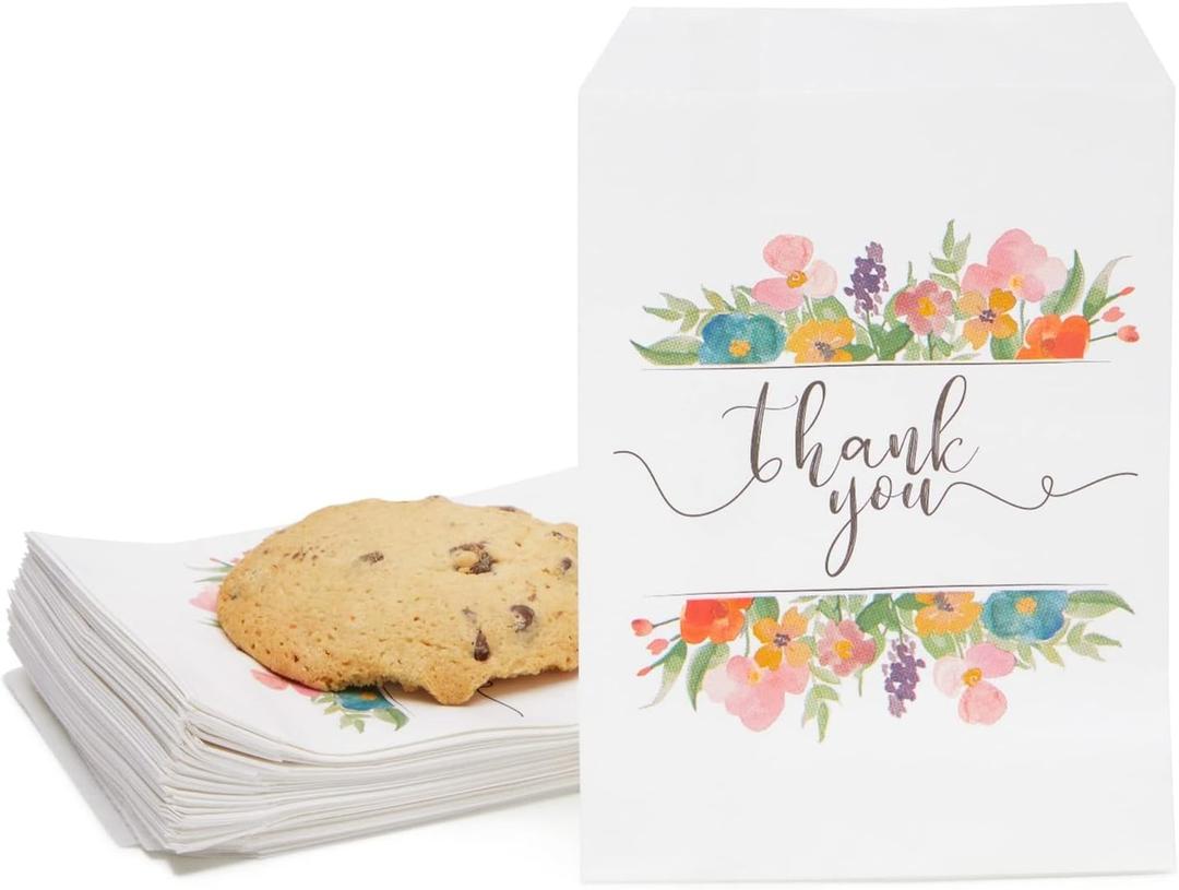 100 Pack Paper Cookie Bags - 7.5 x 5 Inch for Party Favors, Treats and Candy; Wedding Individual Bag with Floral Thank You Design & Mini Gift Pouch for Snacks and Goodies