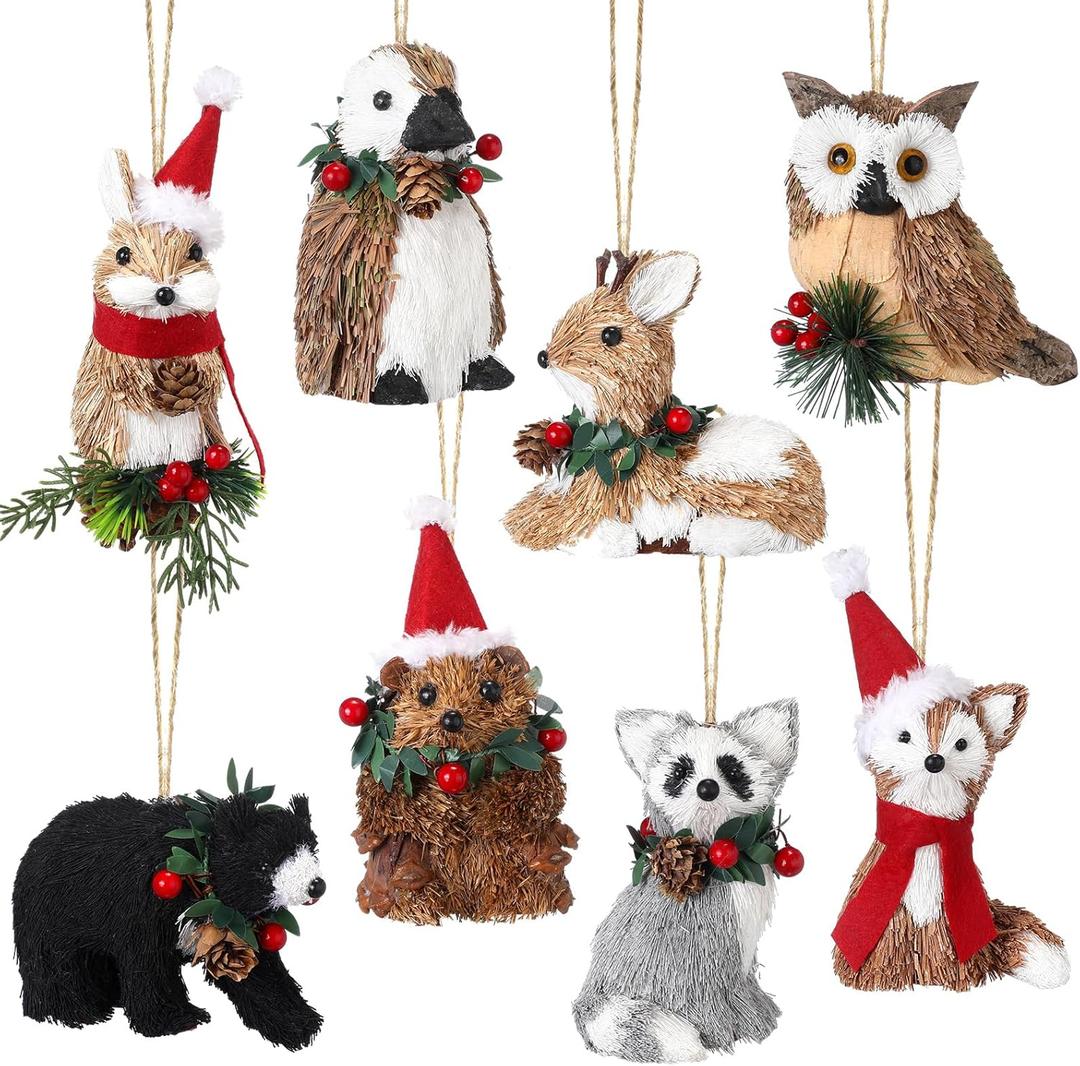 Vercraft 8 Pack Sisal Woodland Animal Ornaments Mini Christmas Tree Ornaments Natural Sisal Straw Friends Animals Figurines Neutral Rustic Christmas Hanging Accessory Forest Woodland Decor (Xmas)