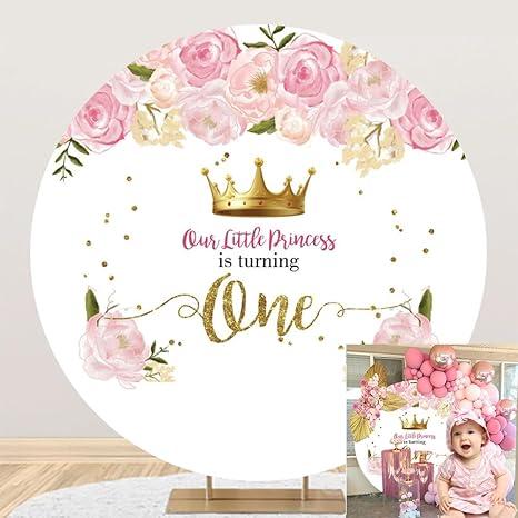 OERJU Pink Floral Happy 1st Birthday Round Backdrop for Girl - Our Little Princess is Turning One - Circle Backdrop Cover 6x6ft