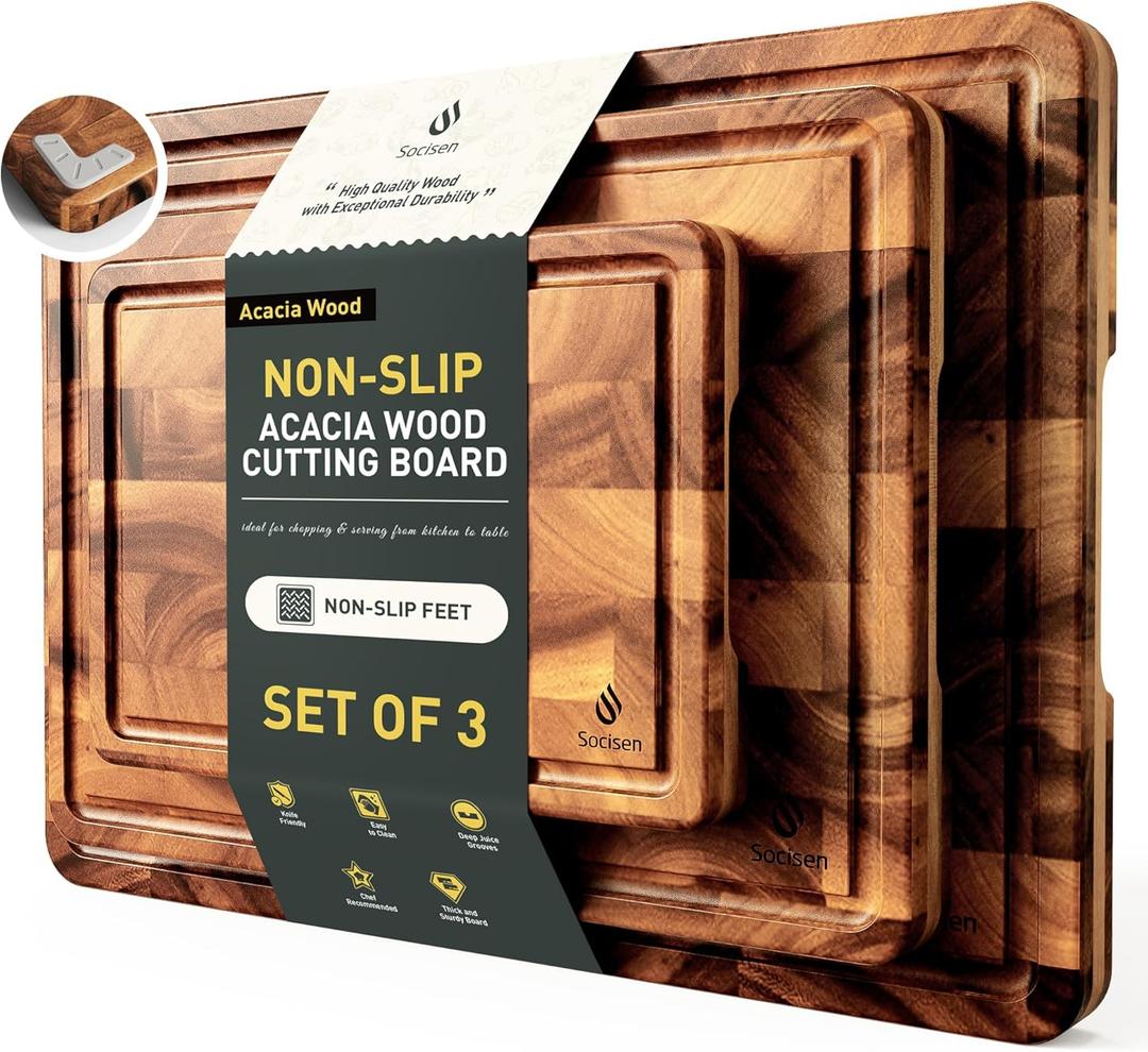 End Grain Cutting Board Set of 3 with Non-slip Feet, Reversible Acacia Wood Cutting Boards for Kitchen with Juice Grooves and Handles Non Toxic Chopping Board Butcher Block Serving Tray Kitchen Sets