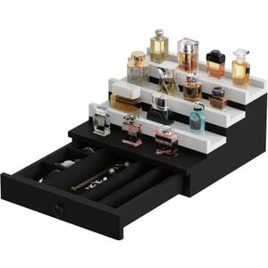 Blisse Cologne/Perfume Organizer, 4-Tier Storage Drawer with Hidden Compartments, Soft-Lined Display Case (Black with White)