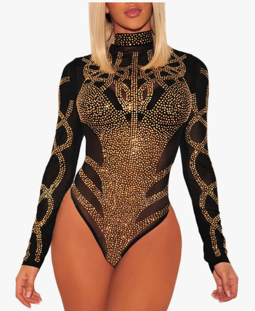 Women's Sheer Mesh Turtleneck Neck See Through Leotard Bodysuit Body Tops S