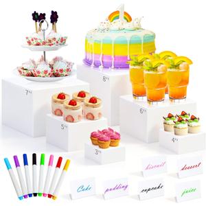 ABenkle 6Pcs White Acrylic Buffet Risers, Buffet Table Risers and Stands, Food Risers Display Shelf for Party Catering Dessert Cupcake,Cube Display Box with Mini Sign (Size: 8",7",6",5",4",3")