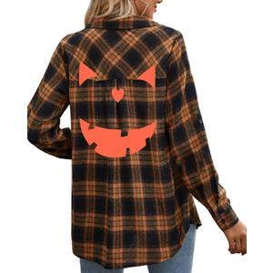 Halloween Shirt Women Pumpkin Face Shirt Funny Button Down Flannel Plaid Long Sleeve Tops Fall Clothes Outfits (Large, Brown)