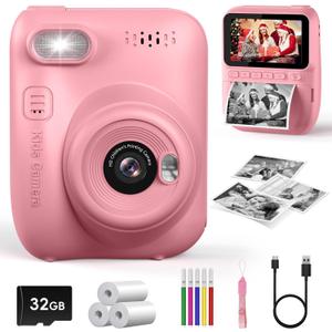 Kids Instant Print Camera, 3.0-inch HD Screen 32MP Photo Instant Digital Camera Christmas Birthday Gifts Toys for Children Girls Boys Age 3-12 - Pink