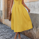Clasi Elegant Ladies' Summer Festival Solid Yellow Color Ruffle Trimmed Ruched Waist Dress Maxi Dress Long Dress , Size Medium