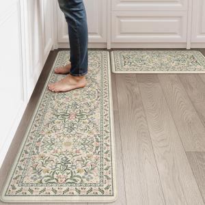 Collive Kitchen Mats for Floor, Cushioned Anti Fatigue Mat Non Skid Waterproof Kitchen Rugs Set of 2, Beige Vintage Comfort Standing Desk Rug for Office, Sink, Laundry, 17"x30"+17"x59"