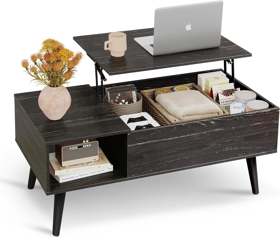 WLIVE Coffee Table for Living Room, Lift Top Coffee Table with Storage, Small Rising Wooden Dining Center Table with Storage Shelf & Hidden Compartment, 39" Black Oak