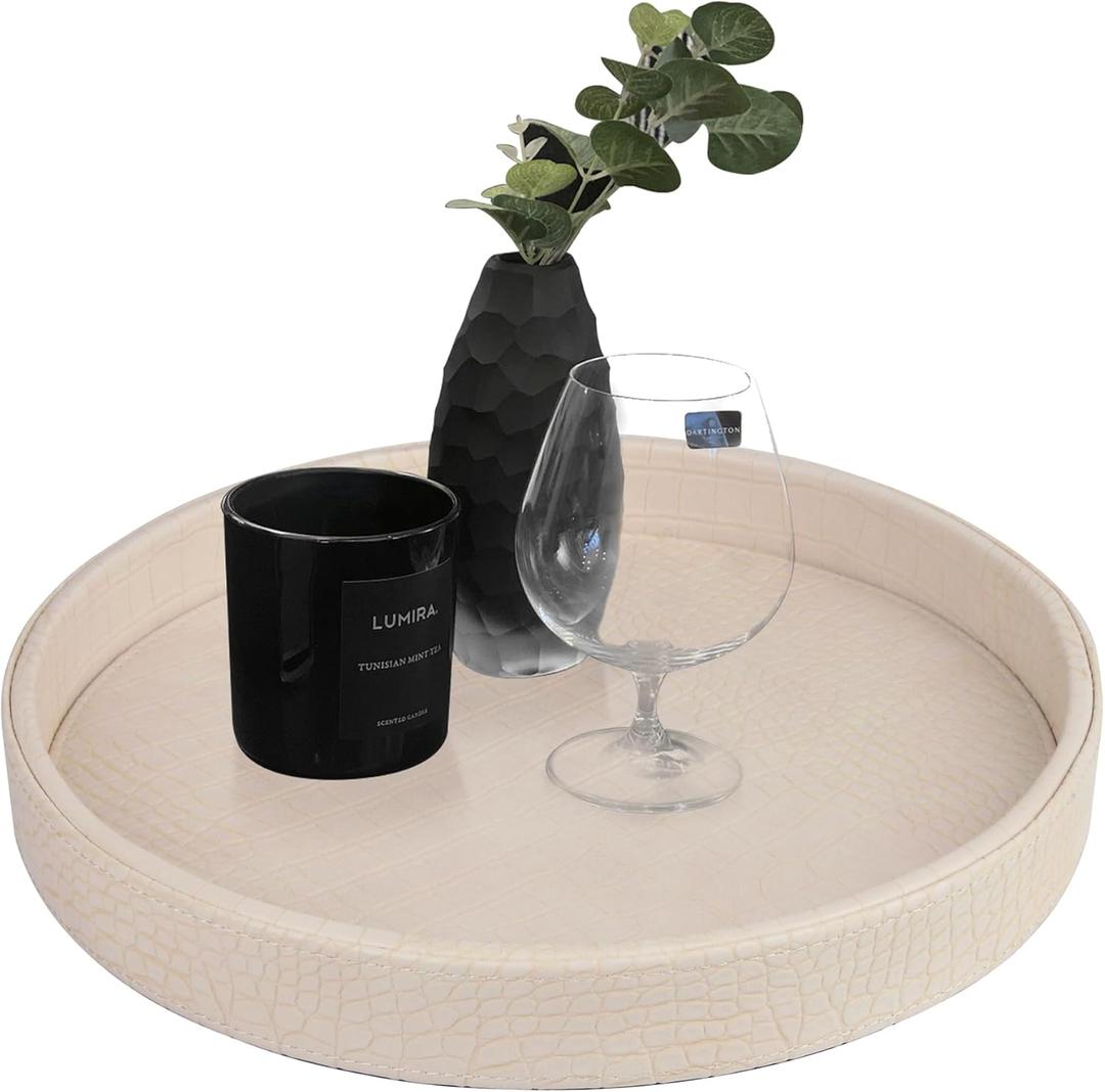 HofferRuffer Faux Leather Round Serving Tray, Vegan Croco Leather Decorative Tray, Food Tray for Storage Drinks, Snack & Cosmetics, Dia.12'' x 1.6'' (CreamWhite)
