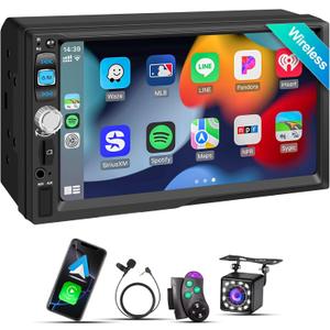 Wireless Apple CarPlay & Android Auto, Double DIN Car Stereo - 7" IPS Touchscreen 1024*600, FM Car Radio, Bluetooth 5.2, 180W, HD Backup Camera, Subwoofer, USB,SWC, MIC, Car Play Audio Receiver,Dual
