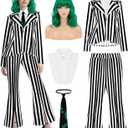RUODON 5PCS Women Black and White Striped Blazer Pants Pinstripe Suit with Green Curly Wig and Tie, Halloween Cosplay Costume, Size M