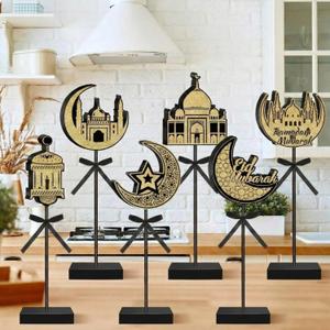 Briwooody 6 Pcs Ramadan Decorations Eid Mubarak Wooden Sign Set Moon Star Shape Tall Standing Islamic Ramadan Table Centerpiece Tabletop Decor Farmhouse Wood Block for Muslim Party Home Decorations