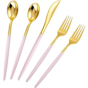 Rubtlamp 90Pcs Gold Plastic Silverware, Gold Plastic Utensils With Pink Handles Include 30 Plastic Gold Knives, 60 Plastic Forks and Spoons, Pink Plastic Silverware Heavy Duty For Party