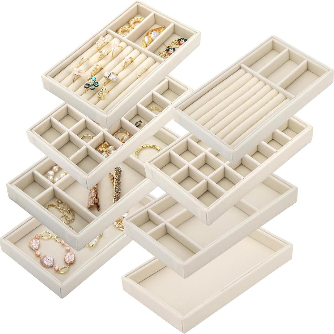 Elsjoy Set of 8 Velvet Jewelry Tray, Drawer Insert Divided Storage Holder Stackable Jewelry Organizer, Necklace Bracelet Display Tray for Earring, Ring, Brooch, Watch, 8.3"x5"x1" Beige 4 Styles