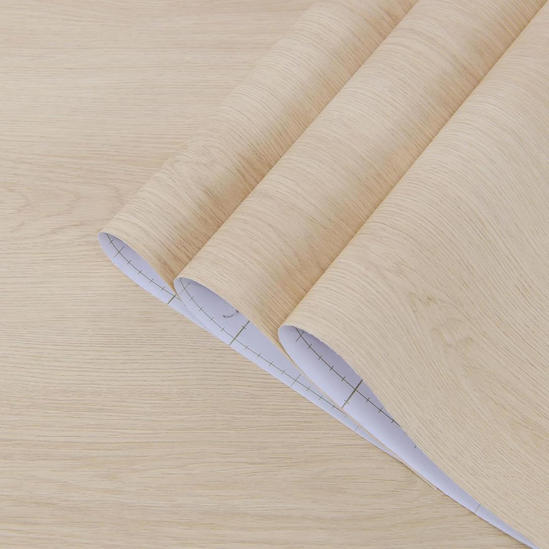 24x197inch Wide Brown Wood Contact Paper Peel and Stick Countertop Oak Walnut Textured Wallpaper Light Wood Grain Vinyl Wrap Air Guide Slot Design Matte Thickened Self-Adhesive Waterproof Wall Sticker
