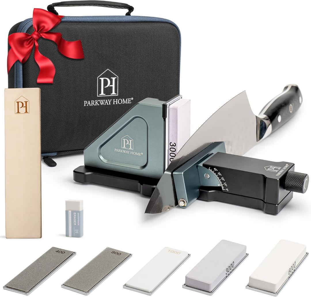 PATENTED ORIGINAL ADJUSTABLE ROLLING KNIFE SHARPENER KIT: Adjustable Height, 30 Angle Options, 5 Removeable Whetstone Plates, Leather Strop with Travel Case - Kitchen Knife Sharpener