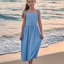 Arshiner Girls Summer Dress Maxi Spaghetti Strap Ruched Flowy Beach Boho Casual Teen Girl Sundress 6-14 Years (Blue)
