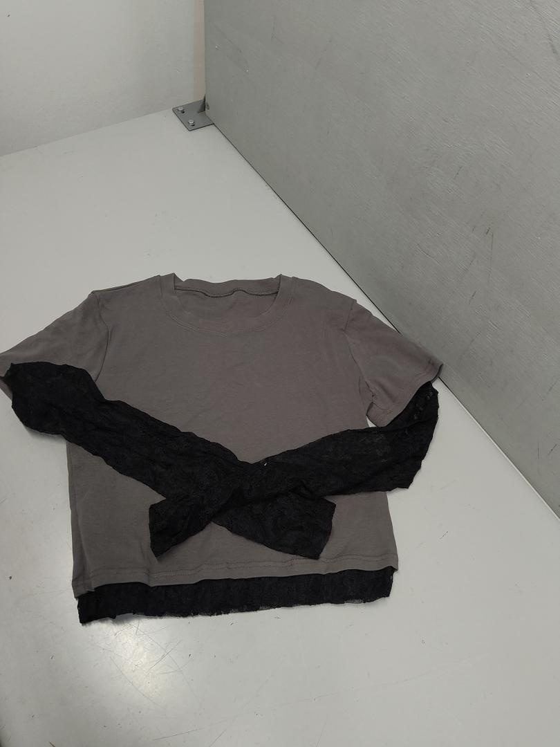 BAIGRAM Women Sheer Mesh Lace Sleeve Layered Shirt with Thumb Holes Color Block Long Sleeve Crop Tops Going Out Y2K Dark Grey Medium