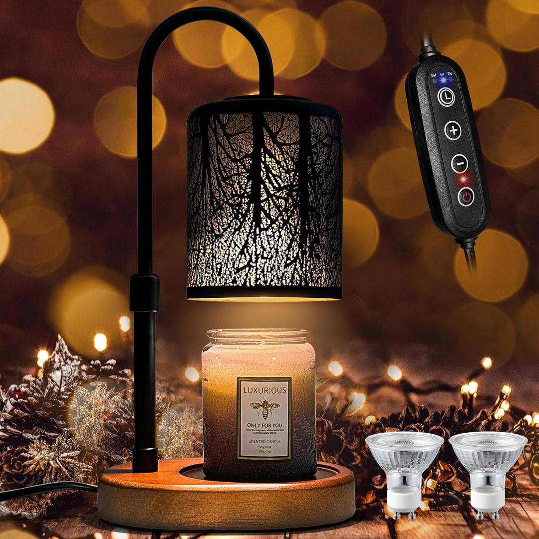 Candles Warmer with Timer and Dimmer, Adjustable Height Candle Melter, Electric Wax Warmer Vintage Home Decor for Jar Candles,2 BulbsBlack
