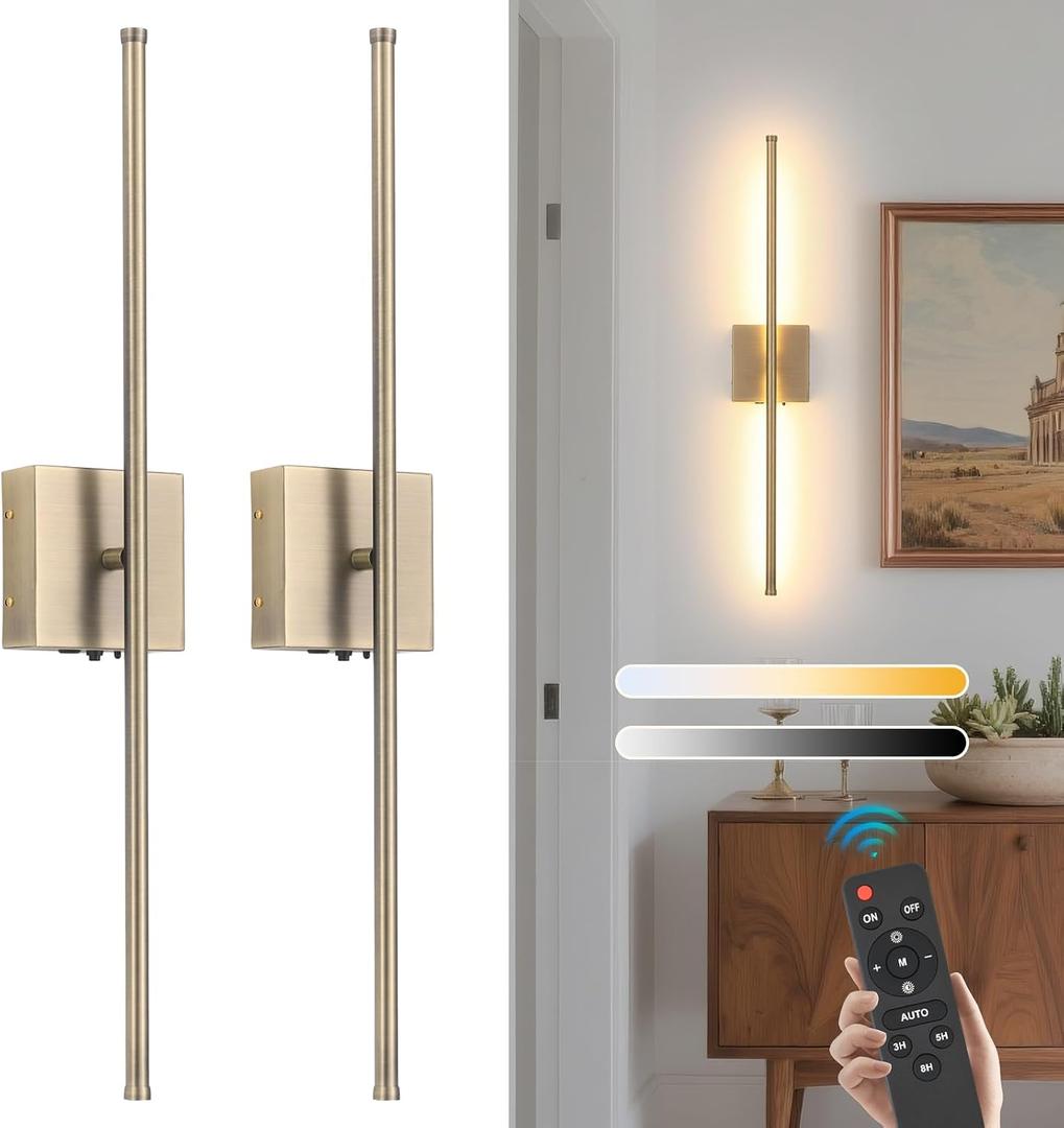 Battery Operated Wall Sconces set of 2, 11000mAh Rechargeable Brushed Bronze Wireless Wall Lights, 350°Rotate Dimmable Wall Lamp with Remote, 3 Color Temperatures, for Bedroom, Living Room, Hallway, 2 Pack