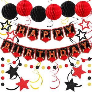 Soulchen 24 Pcs Movie Night Theme Happy Birthday Banner Decorations Movie Night Theater Party Supplies Honeycomb Hanging Swirls for Home Film Birthday Party Red Carpet Decor