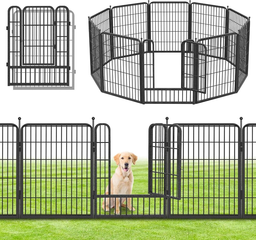 Tall Garden Fence with Gate, 23ft(L) x 32in(H) 10 Panels Garden Fencing Animal Barrier, Dog Fence Outdoor for Yard, Rustproof Metal Fence Panels Temporary Fencing for Outdoor, Patio, Yard