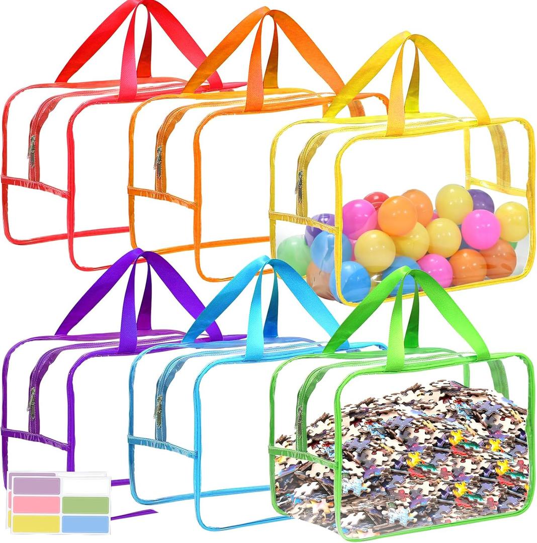 12.6 * 9.25 * 6.9 IN Extra Large Toy Storage Bags, 6 Packs Clear Colorful Waterproof Toy Organizer Bags with Labels, Dual Zippers and Portable Handheld Design, Board Game Storage for Building Blocks
