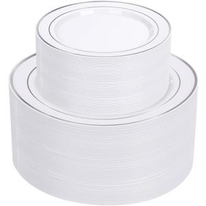 supernal 102pcs White and Silver Plastic Plates Disaposable Heavy Duty, Fancy Silver Plastic Dinnerware Set included 51 Dinner & Dessert Plates for Party,Birthday Graduation Decorations 2025 Deals
