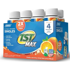 Camco TST MAX RV Toilet Treatment - Formaldehyde Free - Breaks Down Waste And Tissue - Septic Tank Safe - Treats up to 8-40 Gallon Holding Tanks -Orange Scent, (4) 4 oz Bottles (41191)