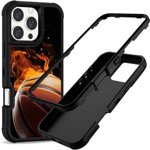 Compatible with iPhone 16 Pro Case, Heavy-Duty 3-in-1 Full-Body Rugged with Soft Rubber Bumper Shockproof Protective Cover for Men Boys Kids Teen - Fire Basketball 011